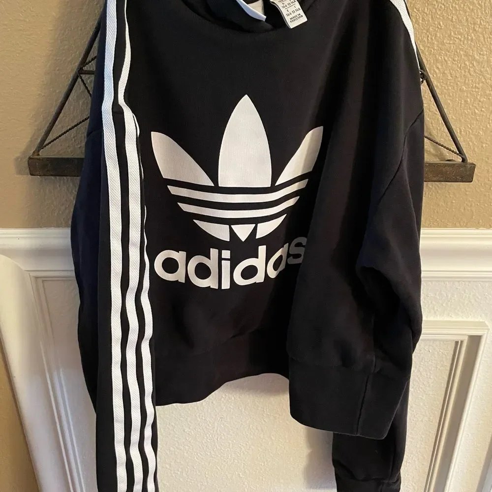 Adidas Black Sweatshirt with White Trefoil Logo Girls Size Large - Picture 8 of 9
